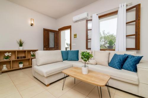 Villa Astoria Limni Keriou في كيري: غرفة معيشة مع أريكة وطاولة