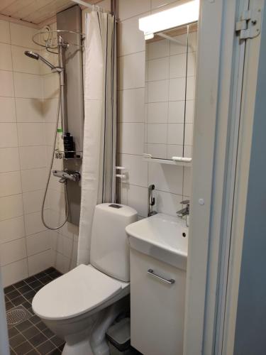 W łazience znajduje się toaleta, umywalka i prysznic. w obiekcie M Apartments Rahola w mieście Tampere
