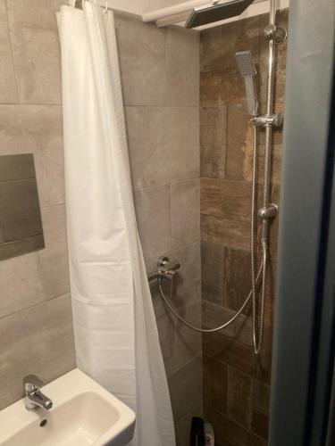 y baño con ducha con lavabo y cortina de ducha. en Benecko 138, en Benecko