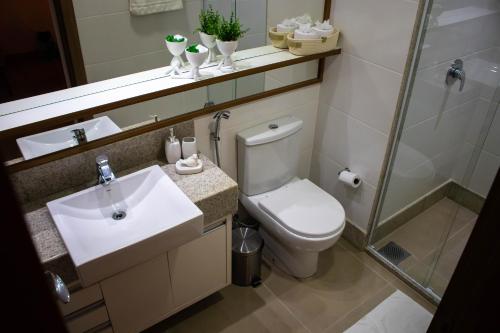a bathroom with a toilet and a sink and a shower at Loft 335 Vista Azul- De frente para a Pedra Azul in Pedra Azul
