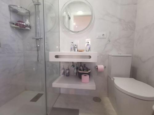 ein Badezimmer mit einem Waschbecken, einem WC und einem Spiegel in der Unterkunft Tomás Paredes, Vigo, 3 habitaciones in Vigo