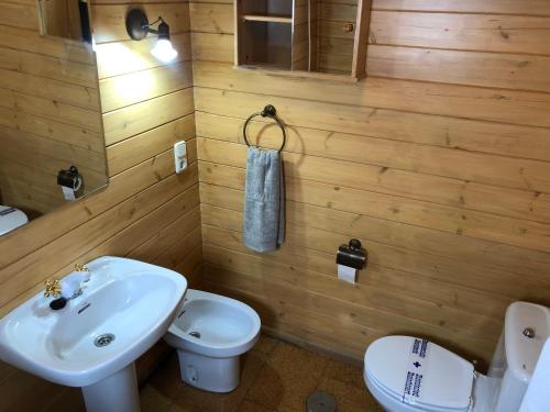 a bathroom with a white sink and a toilet at Sierra Nevada Cabaña de madera in Sierra Nevada