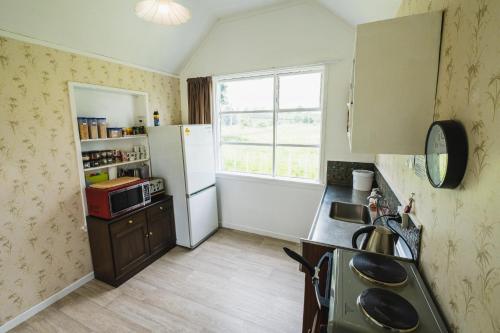 a small kitchen with a refrigerator and a window at Cliff Top Cottage in Ohingaiti