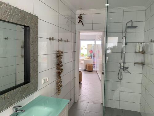 オルタにあるCasa Amarela AL 3030のバスルーム(シャワー、シンク、鏡付)