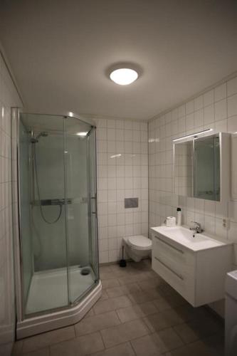 a bathroom with a shower and a sink and a toilet at Sentral leilighet med 3 soverom in Harstad