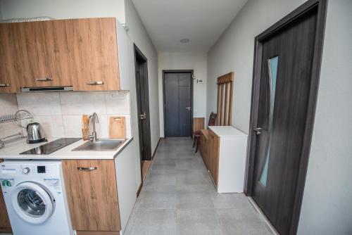 a kitchen with a sink and a washing machine at Bakuriani M25 Bakuriani 408 in Bakuriani