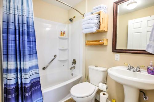 a bathroom with a toilet and a sink and a shower at Tranquil Plantersville Cabin Farm Animals On-Site in Magnolia