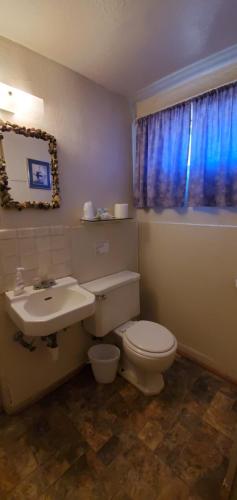 a bathroom with a white toilet and a sink at Hikers Cimarron Inn & RV Park in Cimarron
