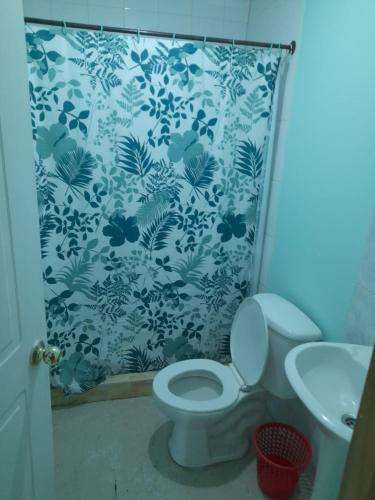 a bathroom with a toilet and a shower curtain at Residencial Rosario Curicó in Curicó