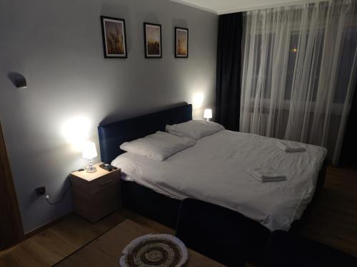 a bedroom with a bed with two lamps on it at Apartament Hetmański in Wałcz