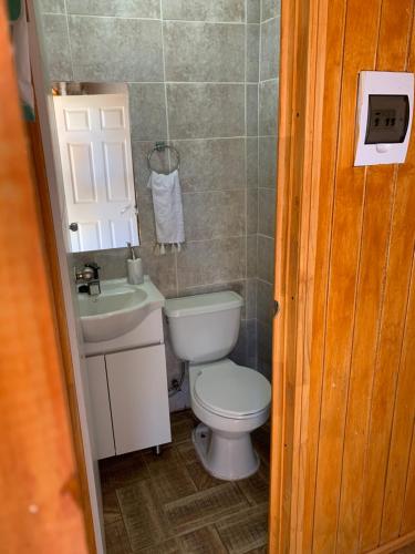 Un baño pequeño con inodoro y lavabo. en Familiar 1 Rocas del Mar, en Pichilemu