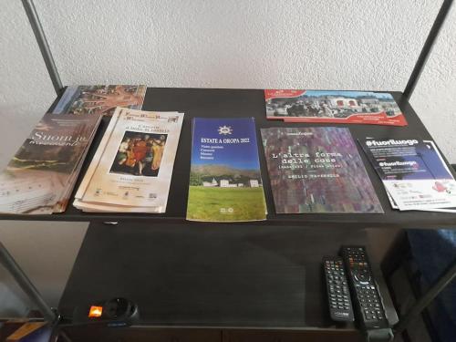 a shelf with a bunch of books and remote controls at Mulino Valsorda in Magnano