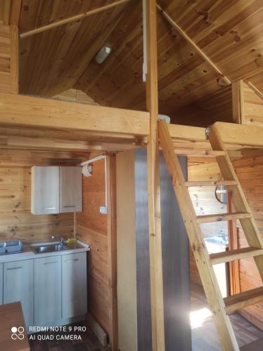 eine Küche mit einer Treppe in einer Holzhütte in der Unterkunft Noclegi Nowe Warpno in Nowe Warpno