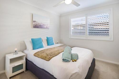 a bedroom with a bed with blue pillows and a window at Coastal retreat, private, wine, netflix in Buddina