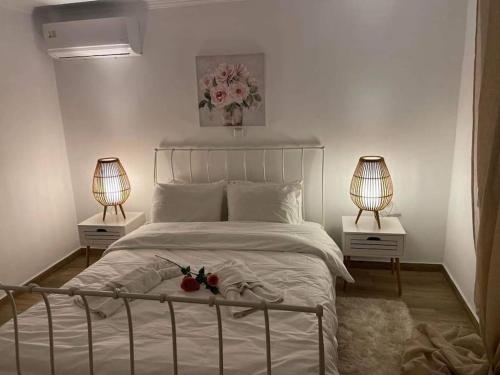 a bedroom with a white bed with two lamps at Rock House Villa in Drama