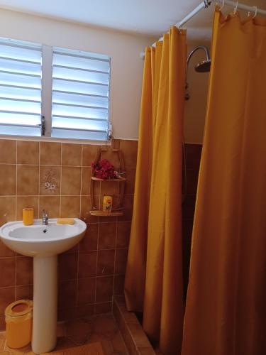 baño con lavabo y cortina de ducha amarilla en MAISON DE VACANCES KAZ A LOLO, en Port-Louis