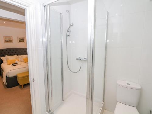 a bathroom with a shower and a toilet and a bed at 10 Cove View in Ilfracombe