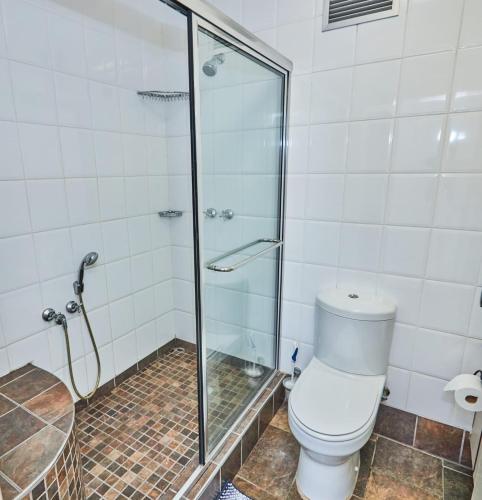 a bathroom with a toilet and a glass shower at 65 @ Zeezicht in Kingsburgh
