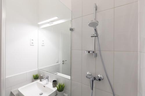 ブダペストにあるCentral City Apartmentのバスルーム(シャワー、洗面台、鏡付)