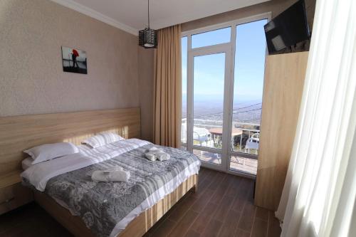 a bedroom with a bed and a large window at Guest House Alazani Valley in Sighnaghi
