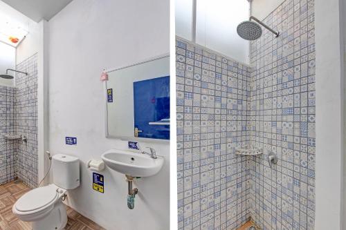 Duas fotografias de uma casa de banho com WC e lavatório. em OYO 91952 Oase Hostel em Yogyakarta