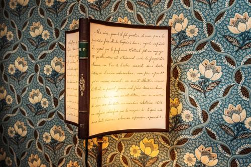 a book is hanging on a wall with a manuscript at Maison Proust, Hotel & Spa La Mer in Paris