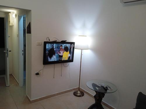 ハイファにあるרוממה בית רוזמריןの壁に設置された薄型テレビ(ランプ付)