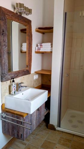 ein Badezimmer mit Waschbecken, Spiegel und Dusche in der Unterkunft Quartier No.63 in Ražanac