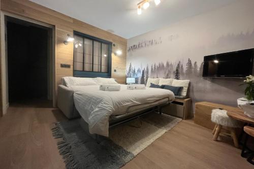 - une chambre avec un grand lit et une télévision à écran plat dans l'établissement IMMOGROOM - Total renovation 2023 - At the foot of the slopes - Wifi -, à Tignes