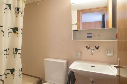 a bathroom with a toilet and a sink at Jungfrau Lodge, Swiss Mountain Hotel in Grindelwald