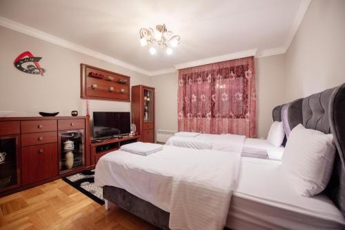 a bedroom with two beds and a flat screen tv at Loft2 in Kolašin