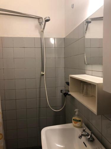 a bathroom with a shower and a sink at Aabenraa Bed in Aabenraa