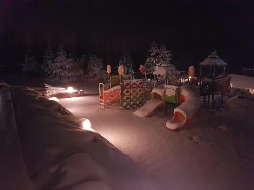 a park covered in snow at night with lights at Apartamenty Pod Łysicą & SPA - przy stoku, basen, jacuzzi, sauna in Krajno Pierwsze