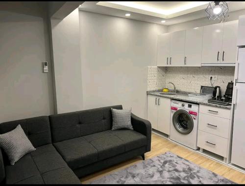 een woonkamer met een bank en een wasmachine bij Şişli-Taksim in Istanbul