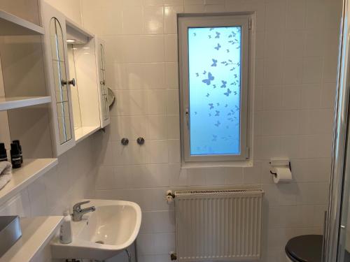 a bathroom with a sink and a window at EIFELCOTTAGE Family 9 in Ulmen
