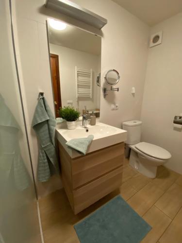 a bathroom with a sink and a toilet and a mirror at Vivir La Vida in Cala Ratjada