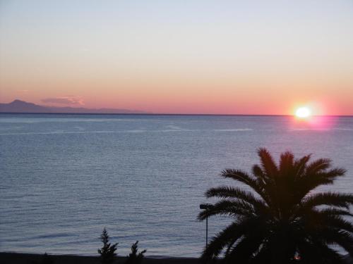 a sunset over the ocean with a palm tree at Hotel Riviera in Arenzano