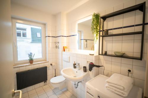 マクデブルクにあるRR - Modern Apartment 53qm - Balcony - Liftのバスルーム(洗面台、トイレ、鏡付)