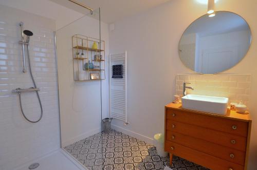 a bathroom with a shower and a sink and a mirror at Logement Cosy à 5mn du Futuroscope in Jaunay-Marigny