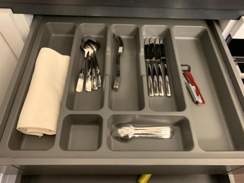 a plastic tray with utensils in a kitchen sink at Schillerplatz Apartment in Sibiu