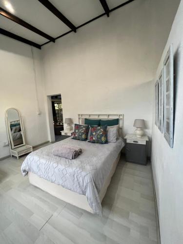 a bedroom with a bed in a white room at Le Soleil in Graskop