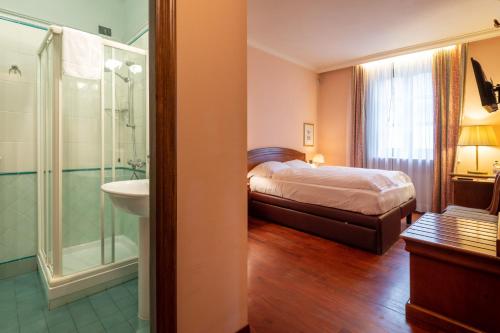 a bedroom with a bed and a shower and a sink at Hotel Roma in Sestola