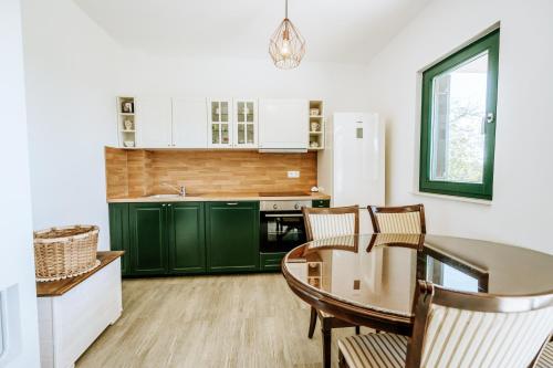 a kitchen with green cabinets and a table and chairs at Didov san in Donja Pušća