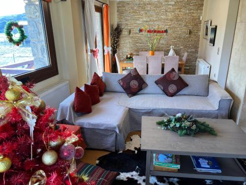 a living room with a couch and a christmas tree at Villa Dream Arachova in Arachova