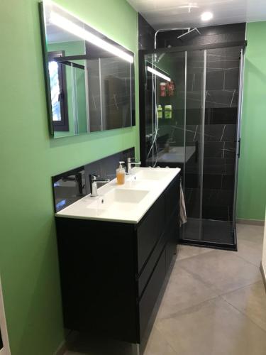 une salle de bain avec un lavabo et une douche dans l'établissement Grand Sud, à Courchevel