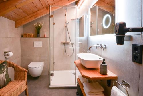 a bathroom with a shower and a sink and a toilet at Bodenmaiser Herz-Hoamad Ferienwohnung Bierl in Bodenmais