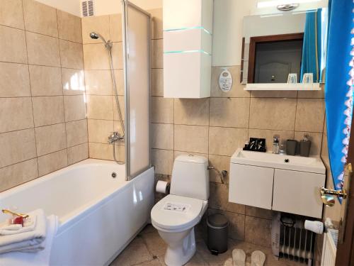 a bathroom with a toilet and a tub and a sink at Rezidence Zámeček - Boutique Hotel in Františkovy Lázně