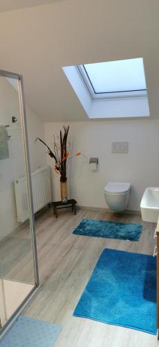 a bathroom with blue rugs on the floor and a skylight at Linda in Ruderatshofen