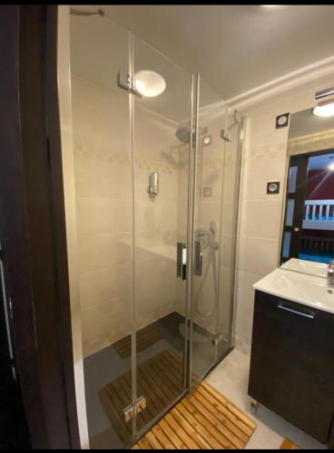 une douche avec une porte vitrée dans une salle de bain dans l'établissement Appartement indépendant dans maison, à Dammartin-sur-Tigeaux