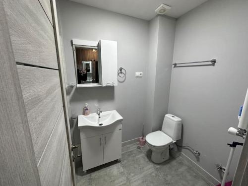 une salle de bains blanche avec toilettes et lavabo dans l'établissement Gudauri Twins Beauty 239, à Goudaouri